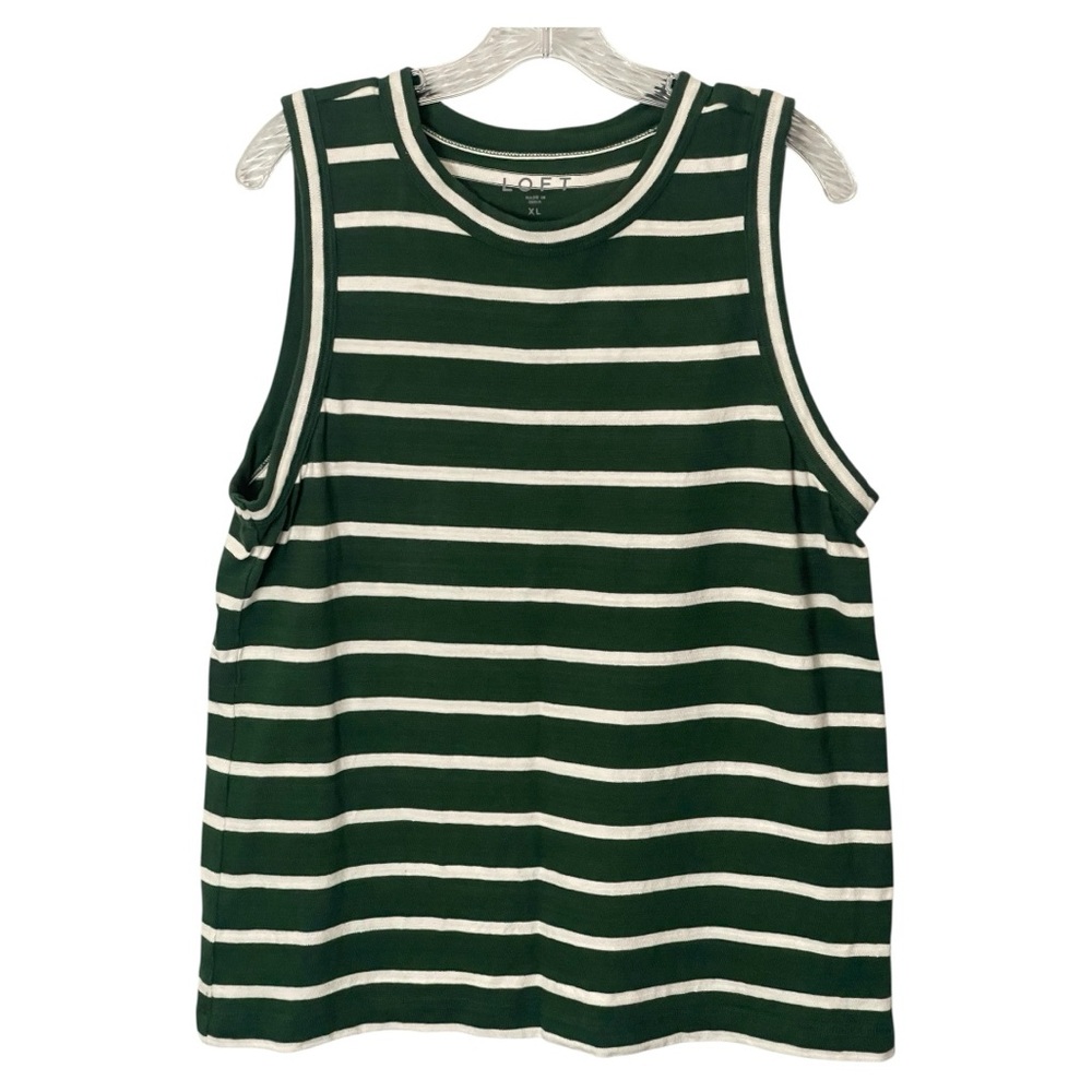 LOFT Dark Green and White Striped Tank Top